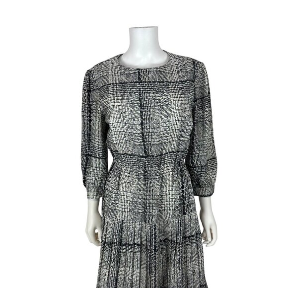 Vintage 80s Houndstooth Dress Womens Medium Black White Printed Day Sheath - Picture 3 of 10